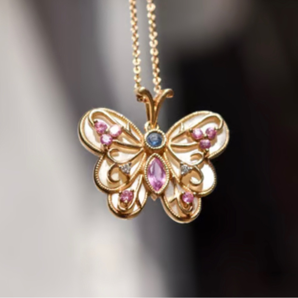 Vintage 14k gold Butterfly necklace, Opal with gemstones